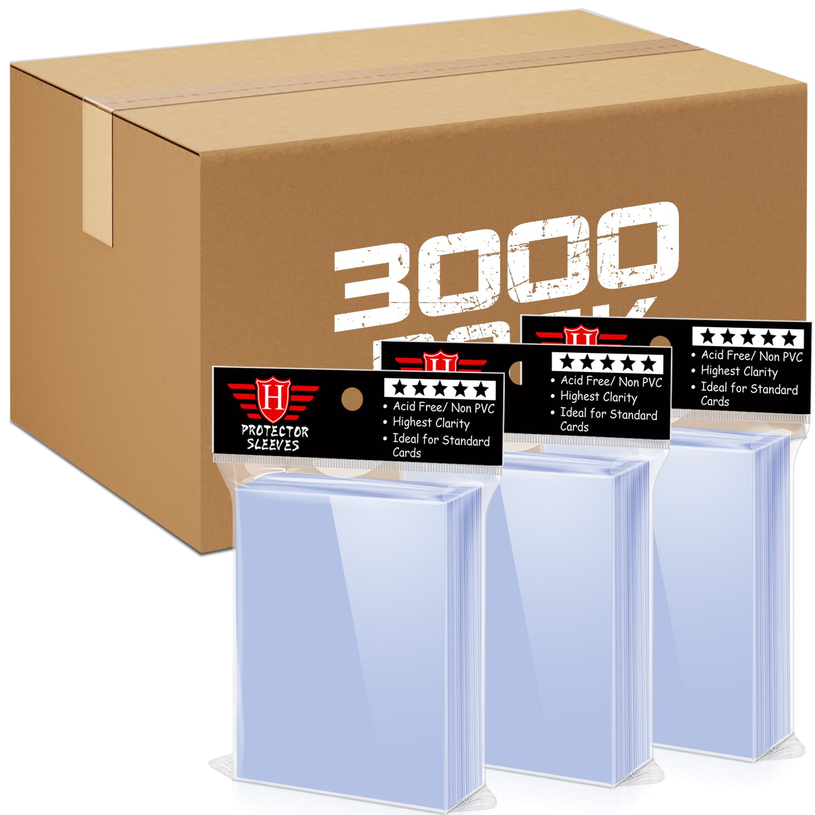 Homthy 3000-count card sleeves package provides durable protection for trading cards.