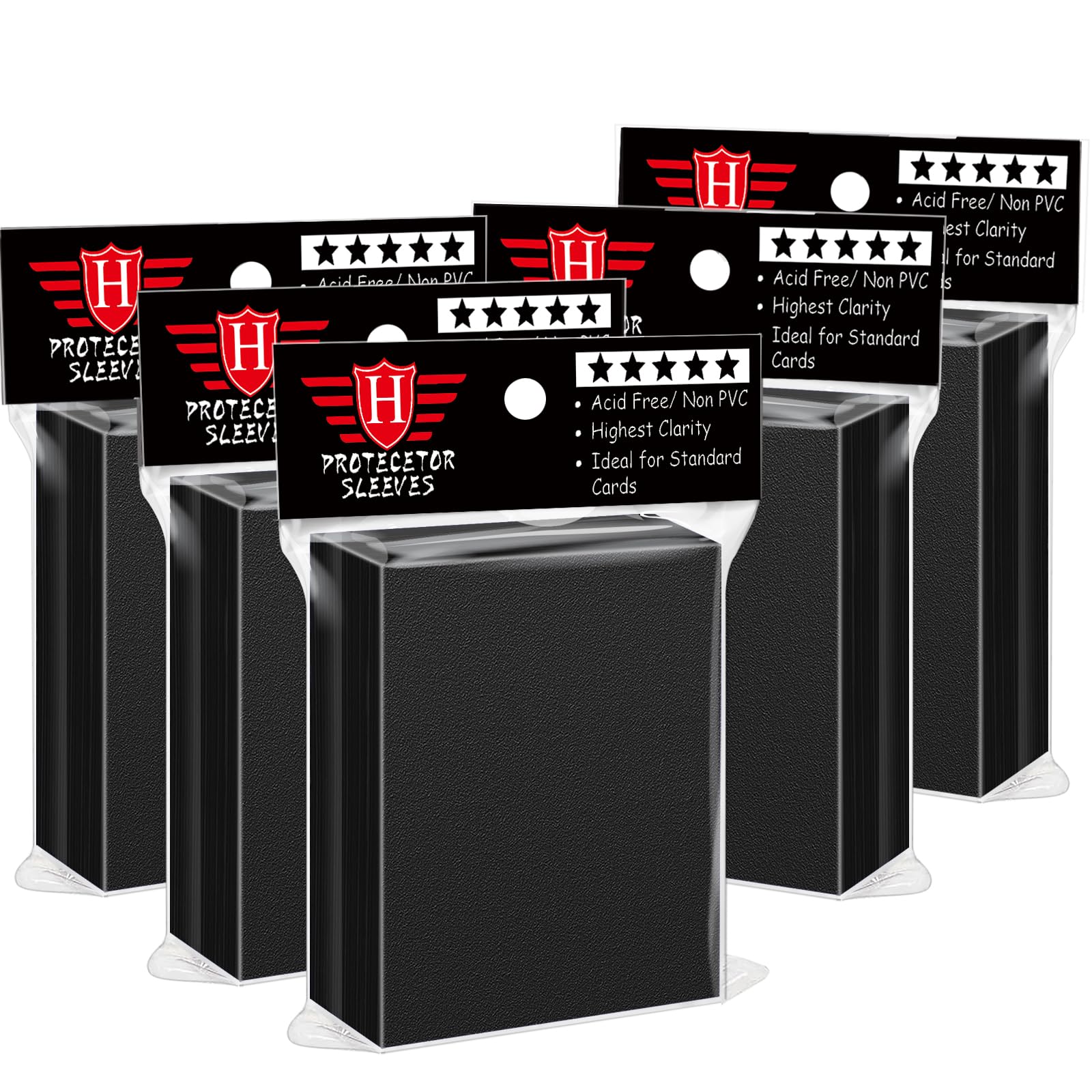 Homthy 500-pack black card sleeves pack keeps trading cards neatly protected.