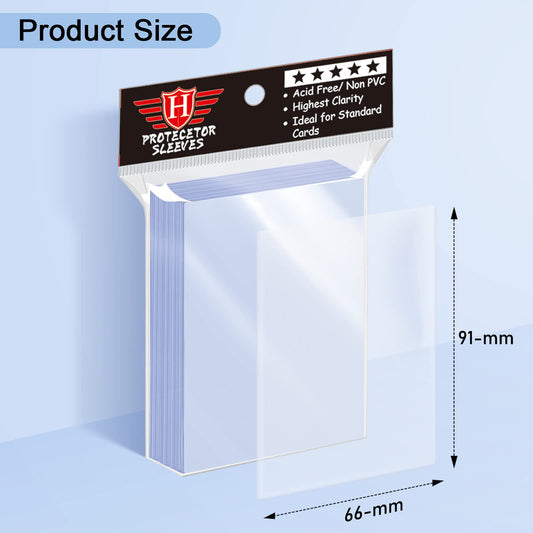 Close-up of Homthy clear sleeves showing crystal-clear visibility for easy card viewing.