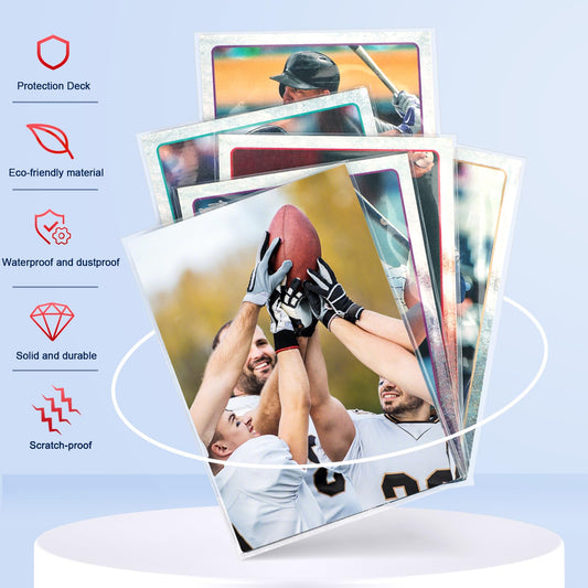 Homthy transparent sleeves guard trading cards against scratches and wear.