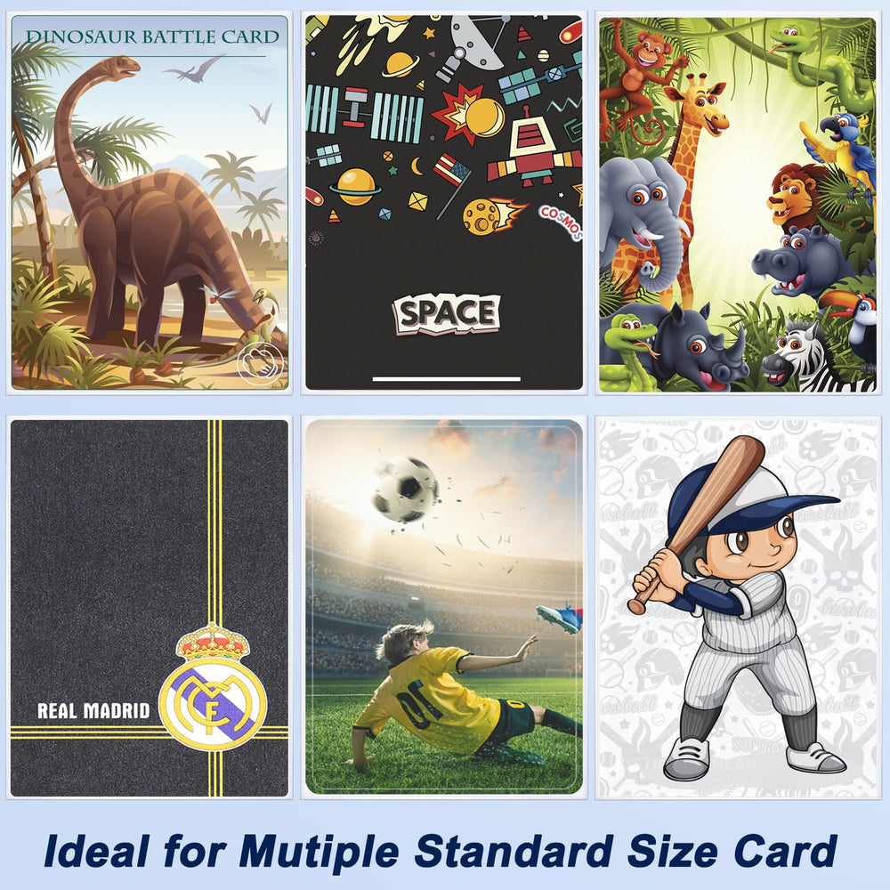 Homthy wide-compatibility sleeves fit baseball, MTG, football, and standard cards.