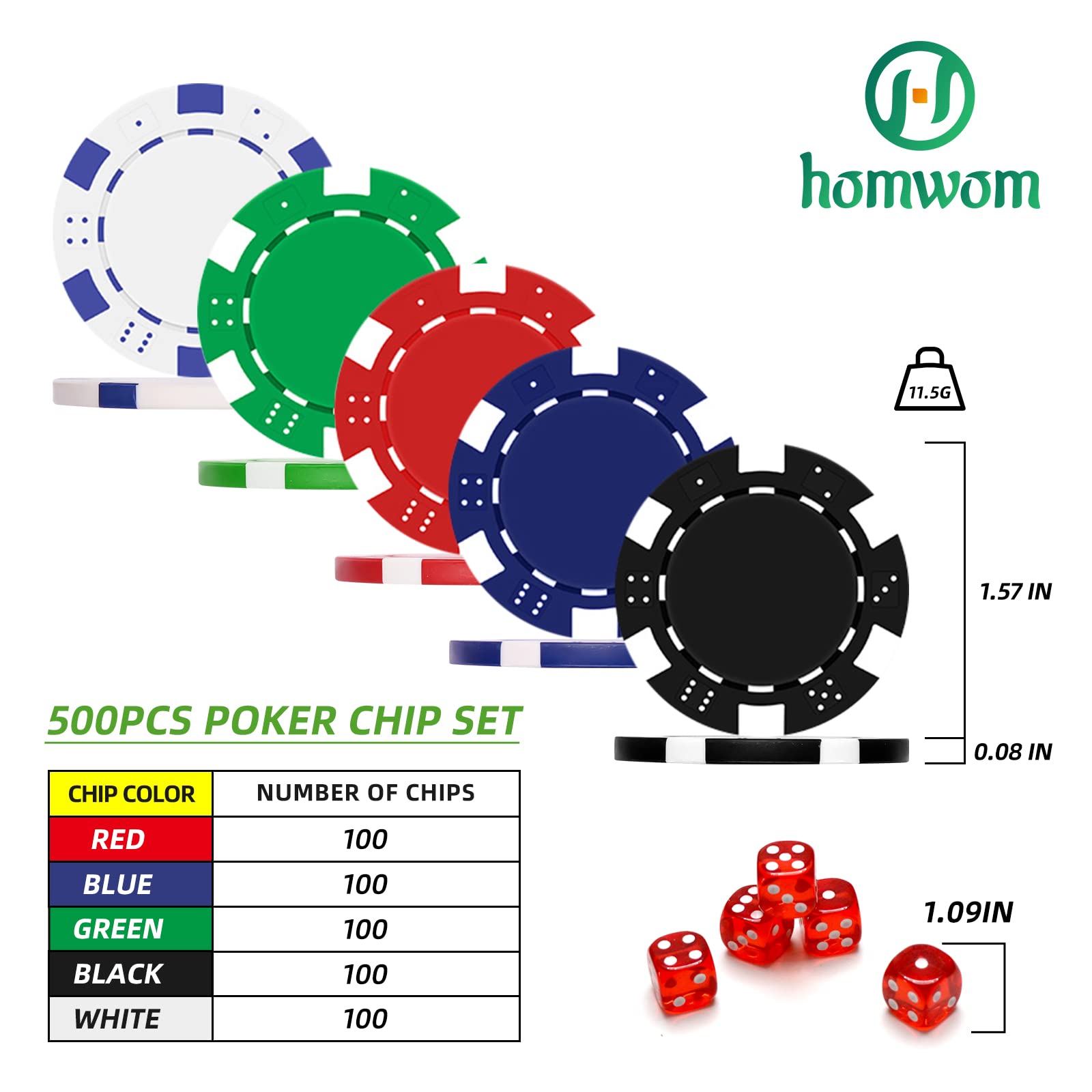 Homwom 500pcs chips, dice, and cards arranged for quick setup and play