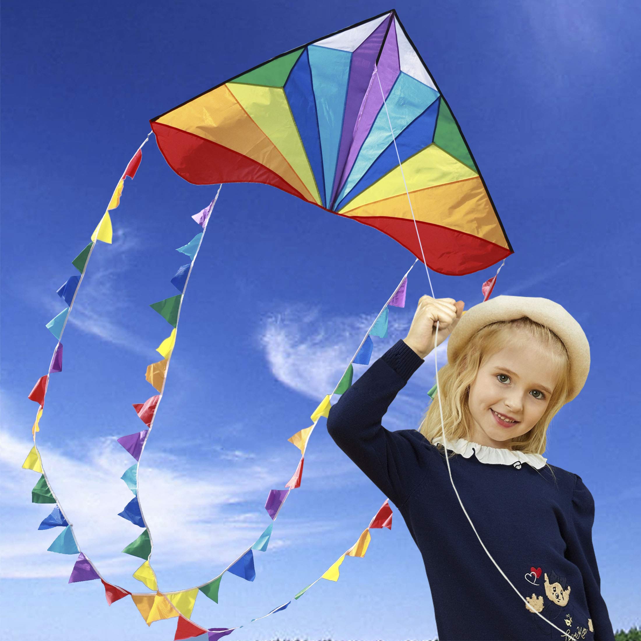 Honbo delta kite with rainbow tails catching the wind for kid-friendly play.