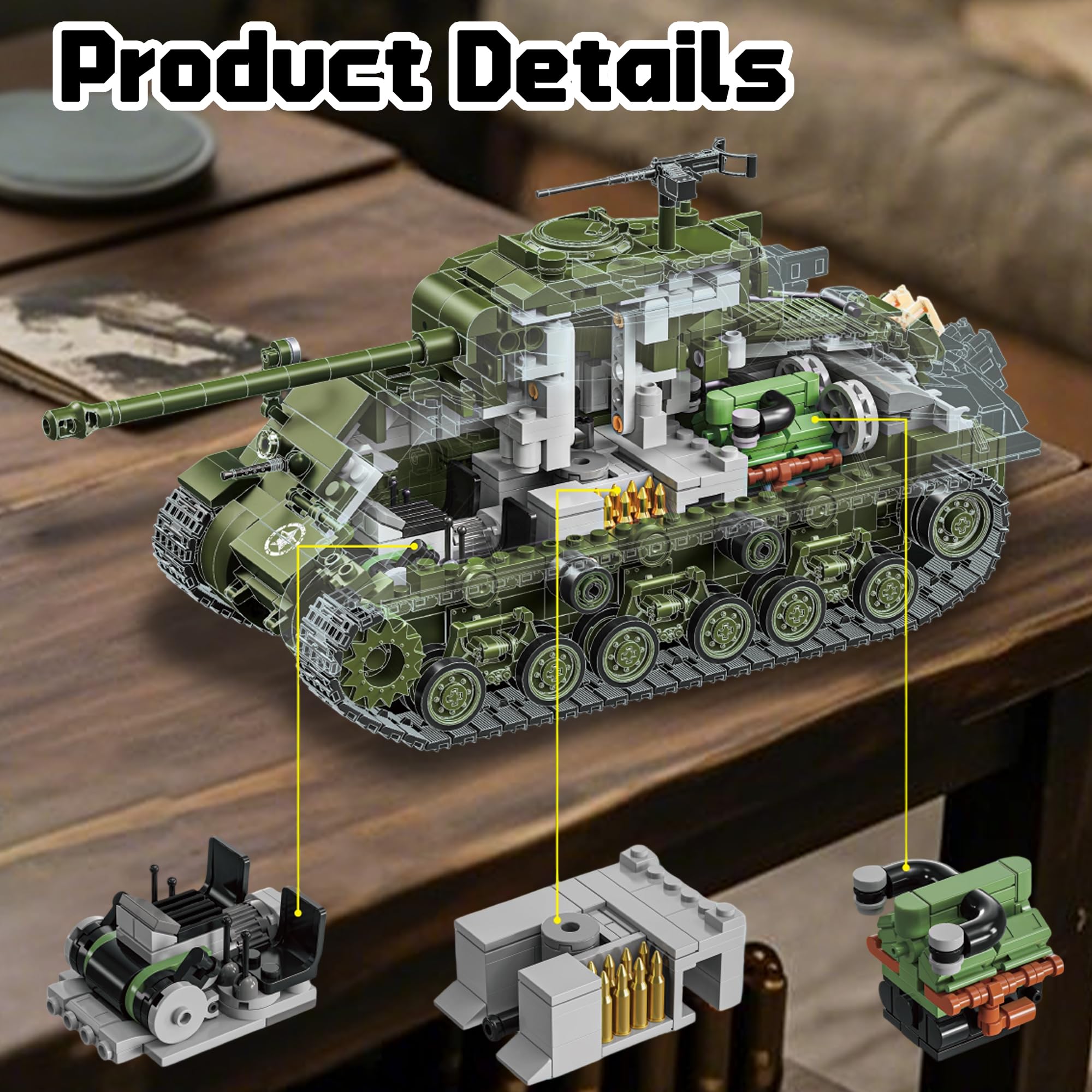 Honchoes M4 Sherman tank turret rotates 360 degrees for dynamic posing.
