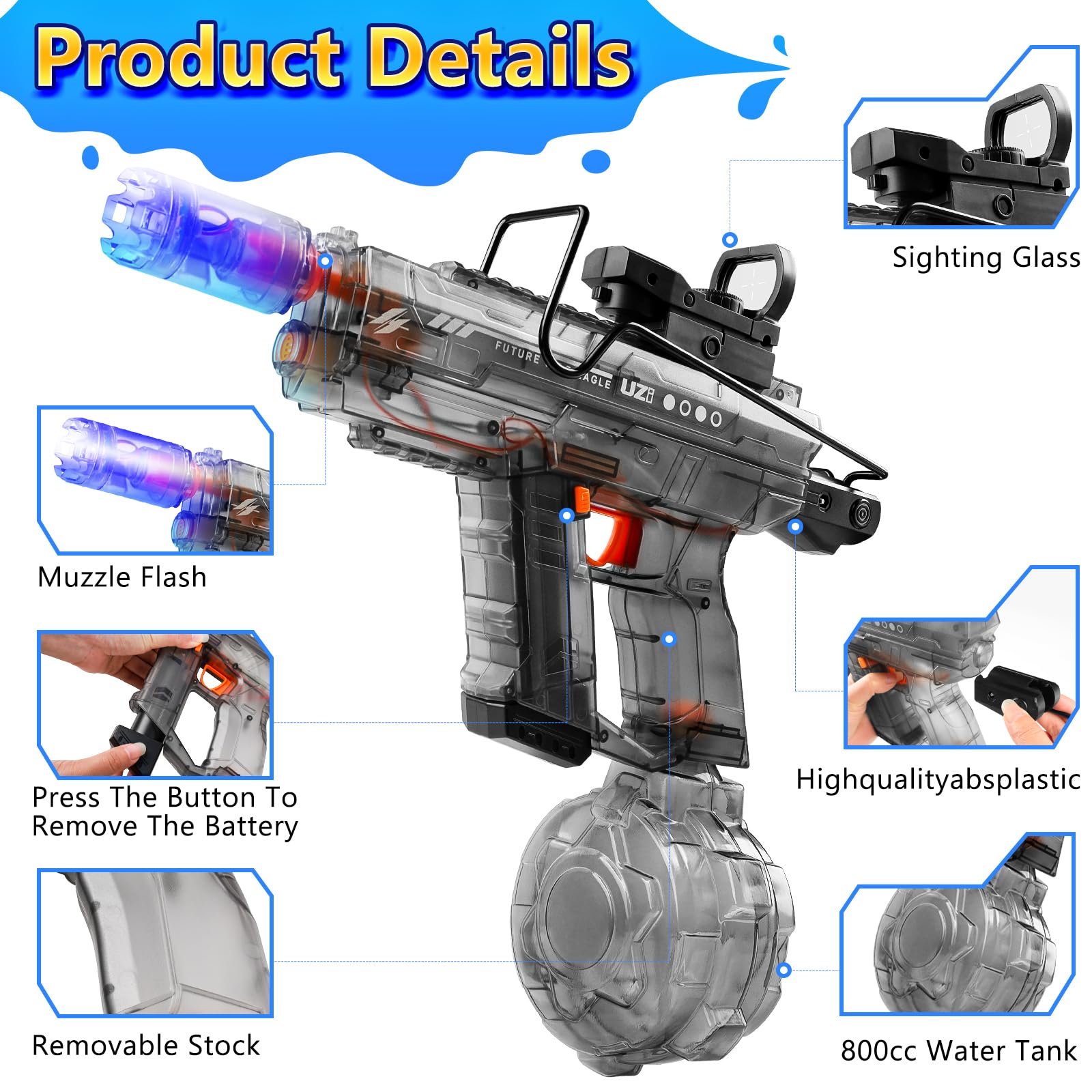 Honeasort water gun supports 40 minutes of continuous shooting.