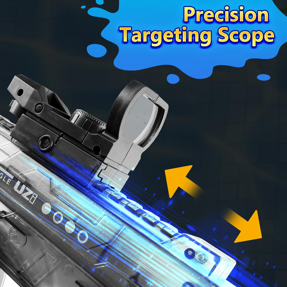 Honeasort water gun with foldable sight mount for accuracy.
