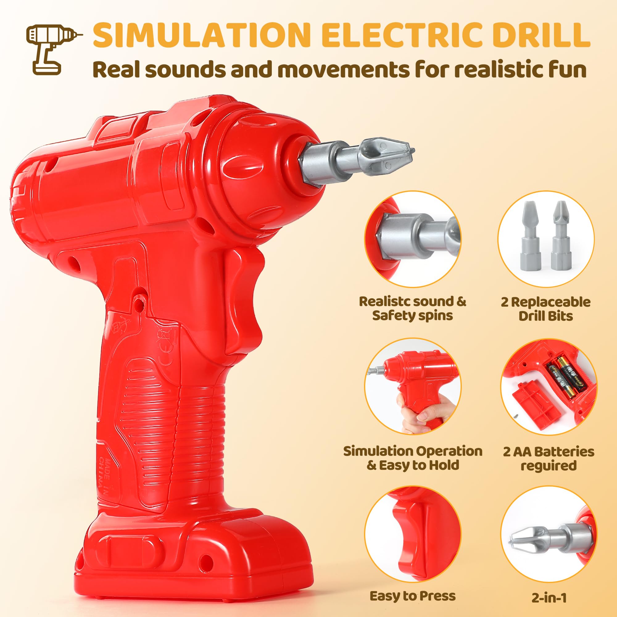 Honeystar electronic drill with interchangeable heads supports pretend tasks.