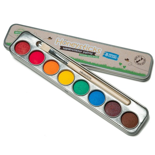 Honeysticks 8-color watercolor palette ready for kids' art sessions.