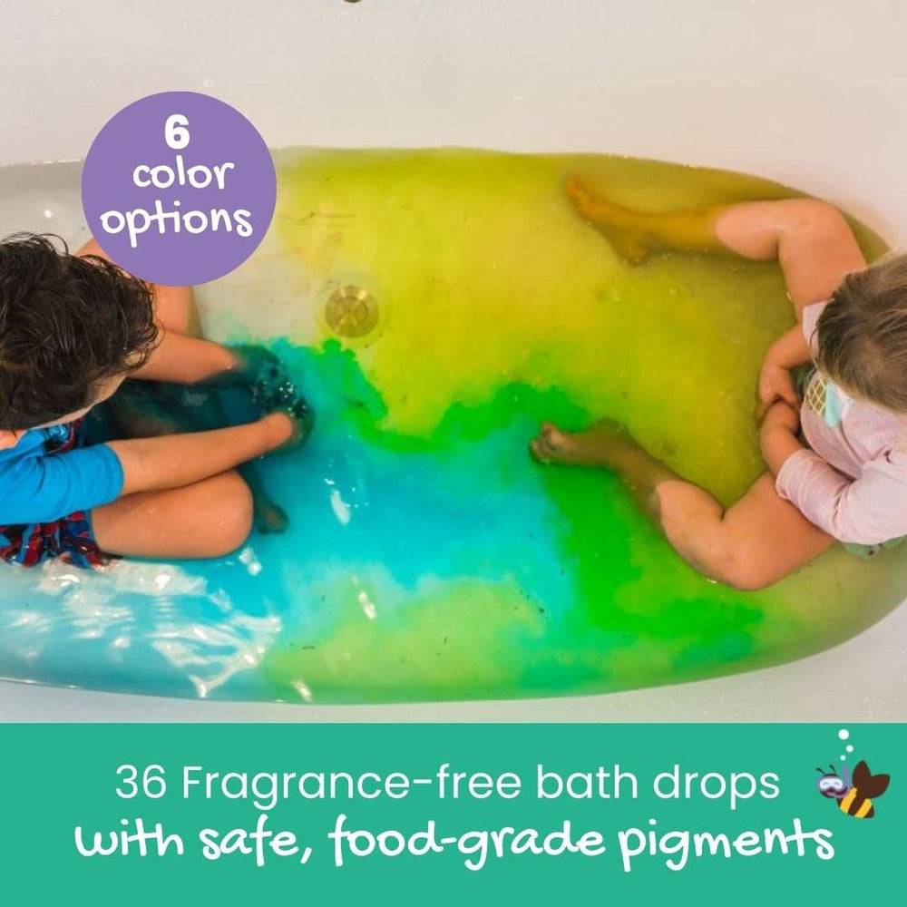Water turns vibrant with Honeysticks color drops in the tub.