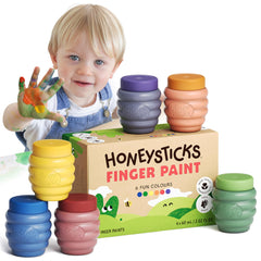 Honeysticks finger paints in six bright colors on pots for early color exploration