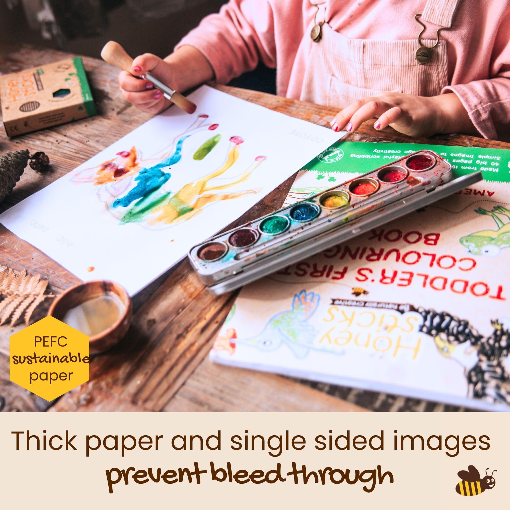 Honeysticks My First Coloring Book perforated pages for easy removal and display.