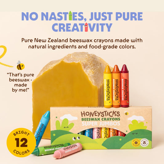 Honeysticks natural beeswax crayons with pure pigments for clean coloring.