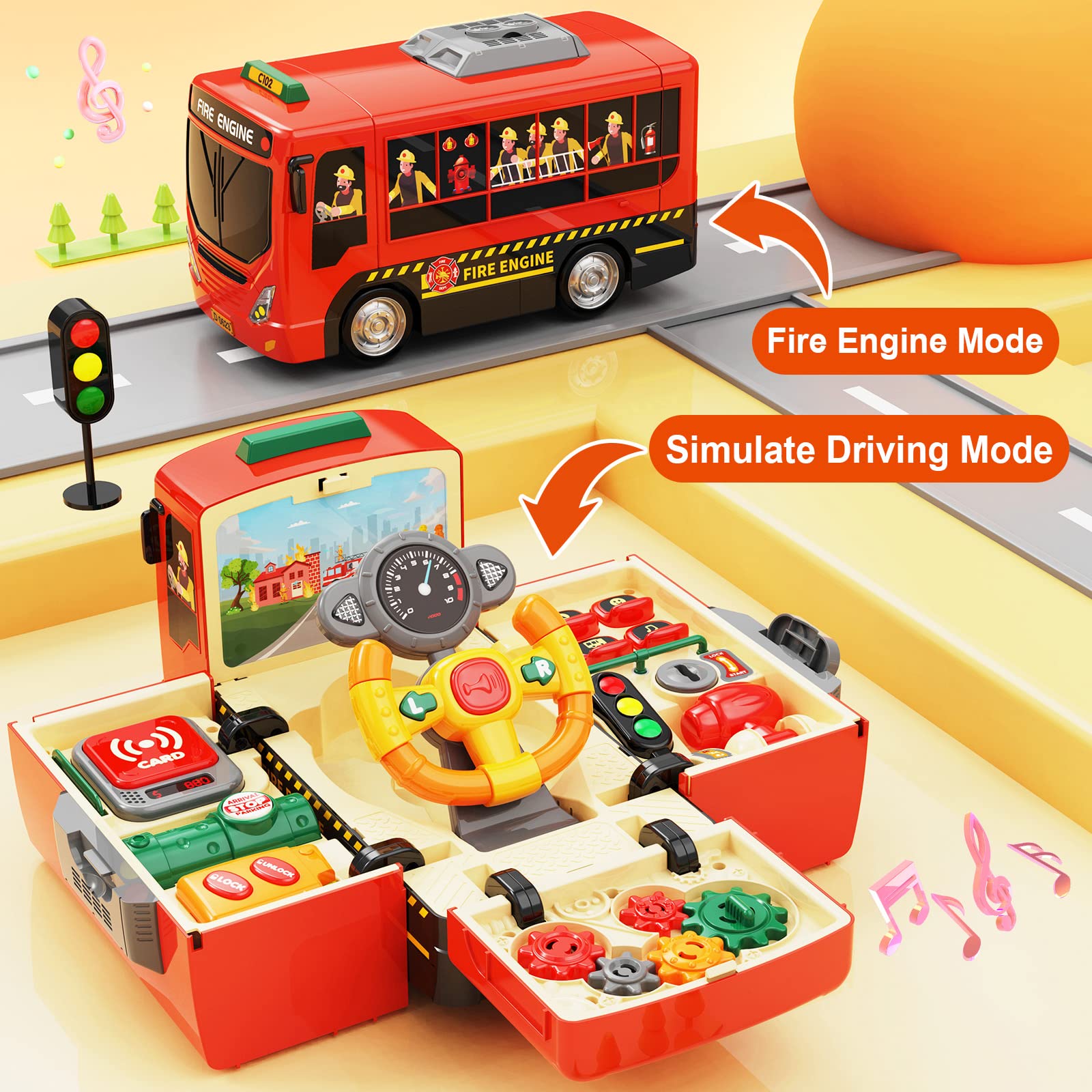 Hongtuo fire truck toy engine start button sparks interactive exploration.