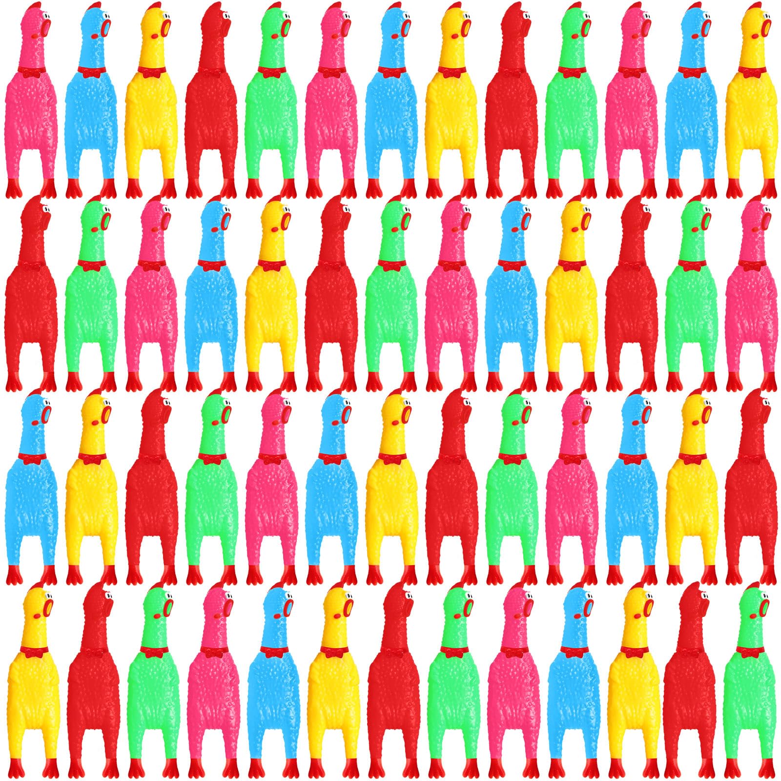 Honoson 50-pcs rubber chickens set, colorful squeaky toys for dogs and playful parties.