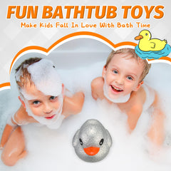 Honoson glitter duck in bath tub, silver finish enhances relaxation moments.