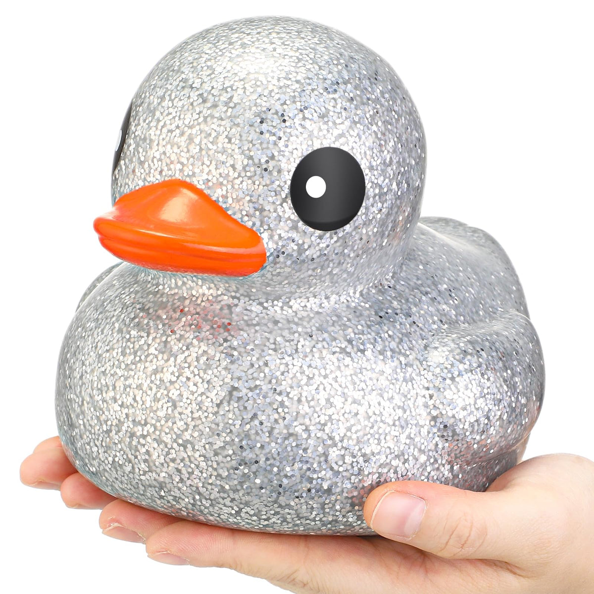 Honoson giant glitter rubber duck in silver, front view, eye-catching decor for parties.