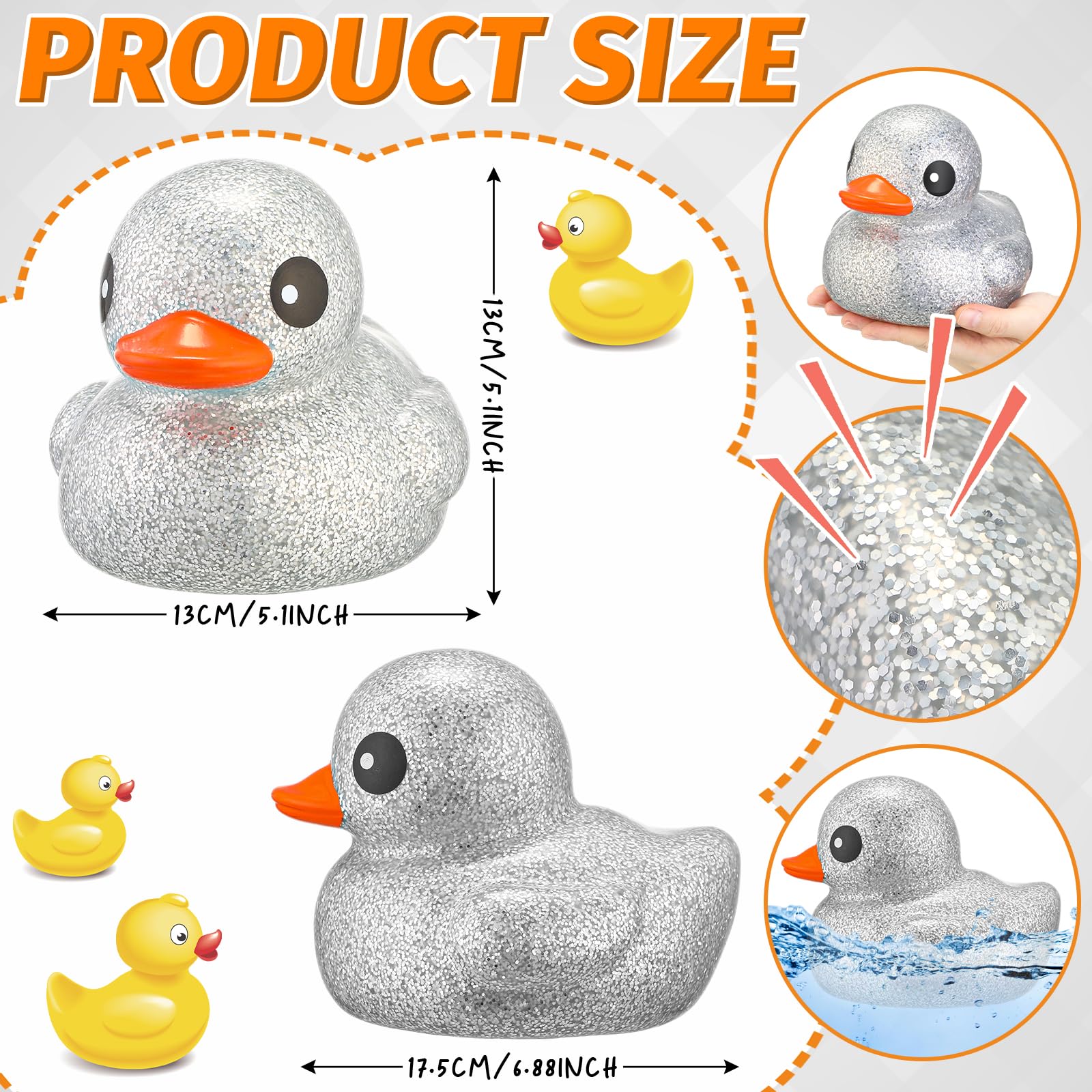 Honoson glitter duck silver side view, sparkly centerpiece for bath or pool.
