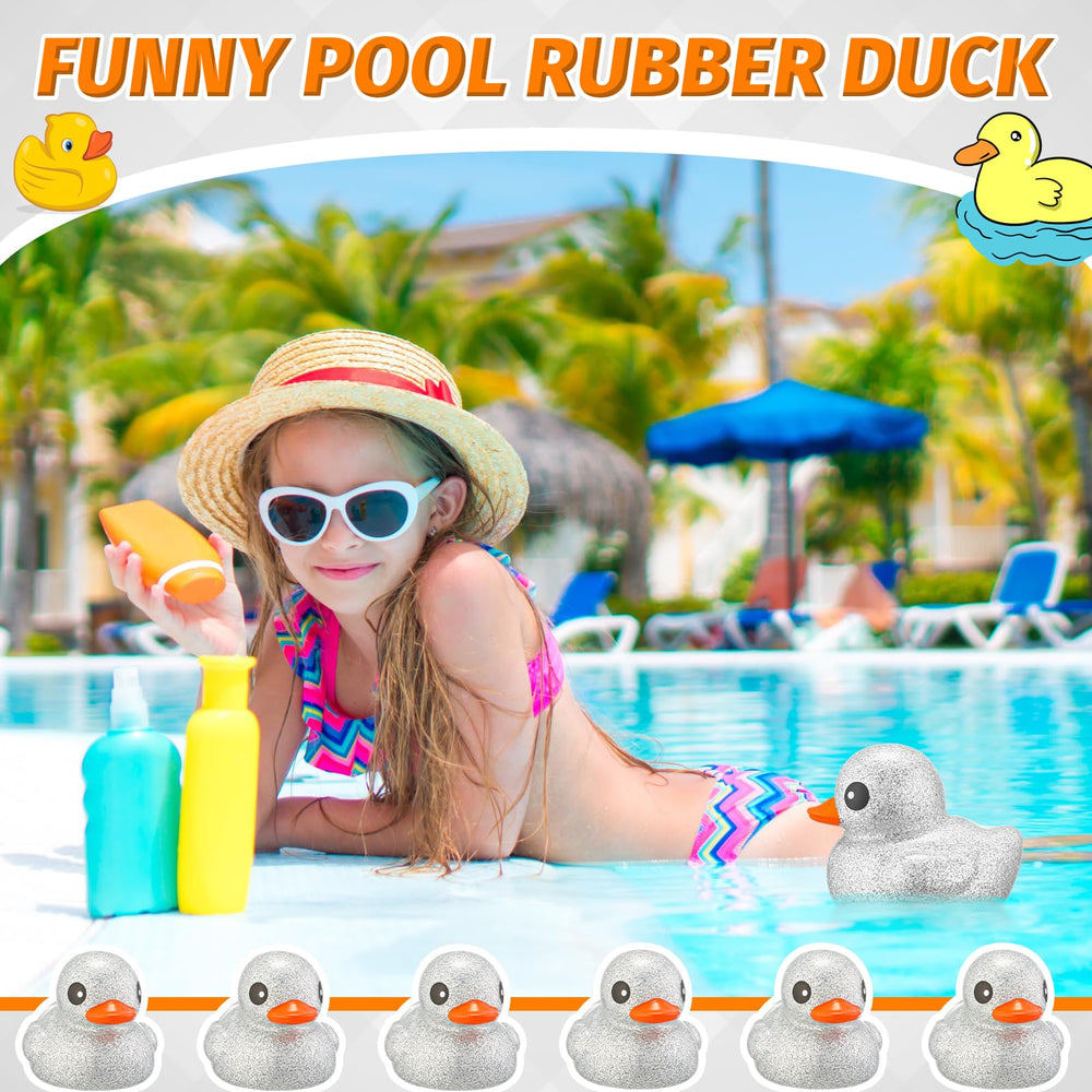Honoson glitter duck squeaky action close-up, adds fun to bath time.