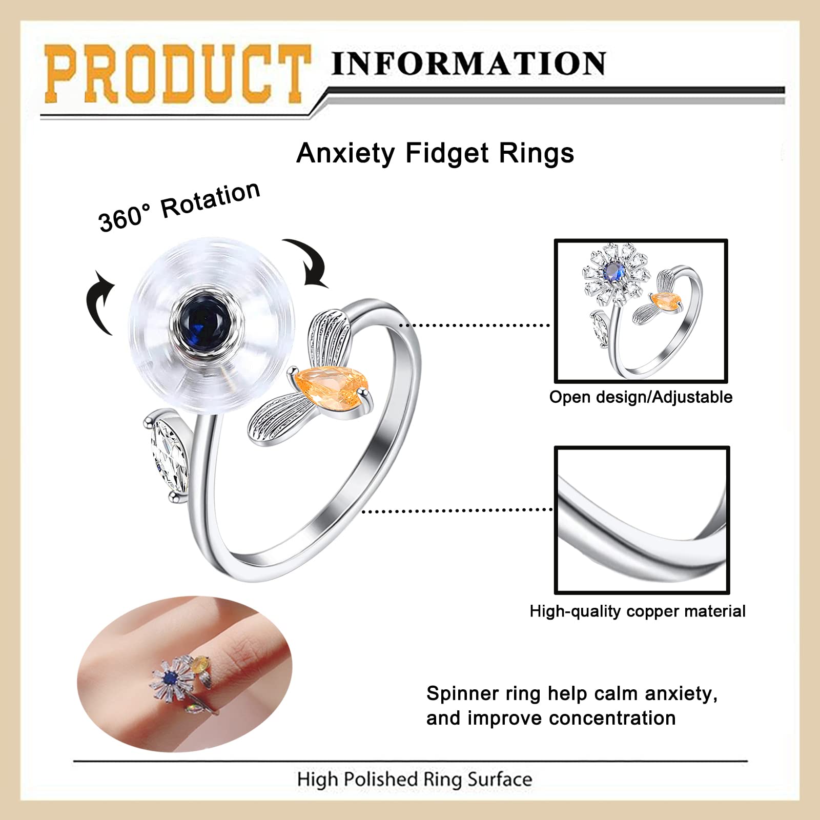 Honsny anxiety ring flower-bee pattern pairs with any outfit.