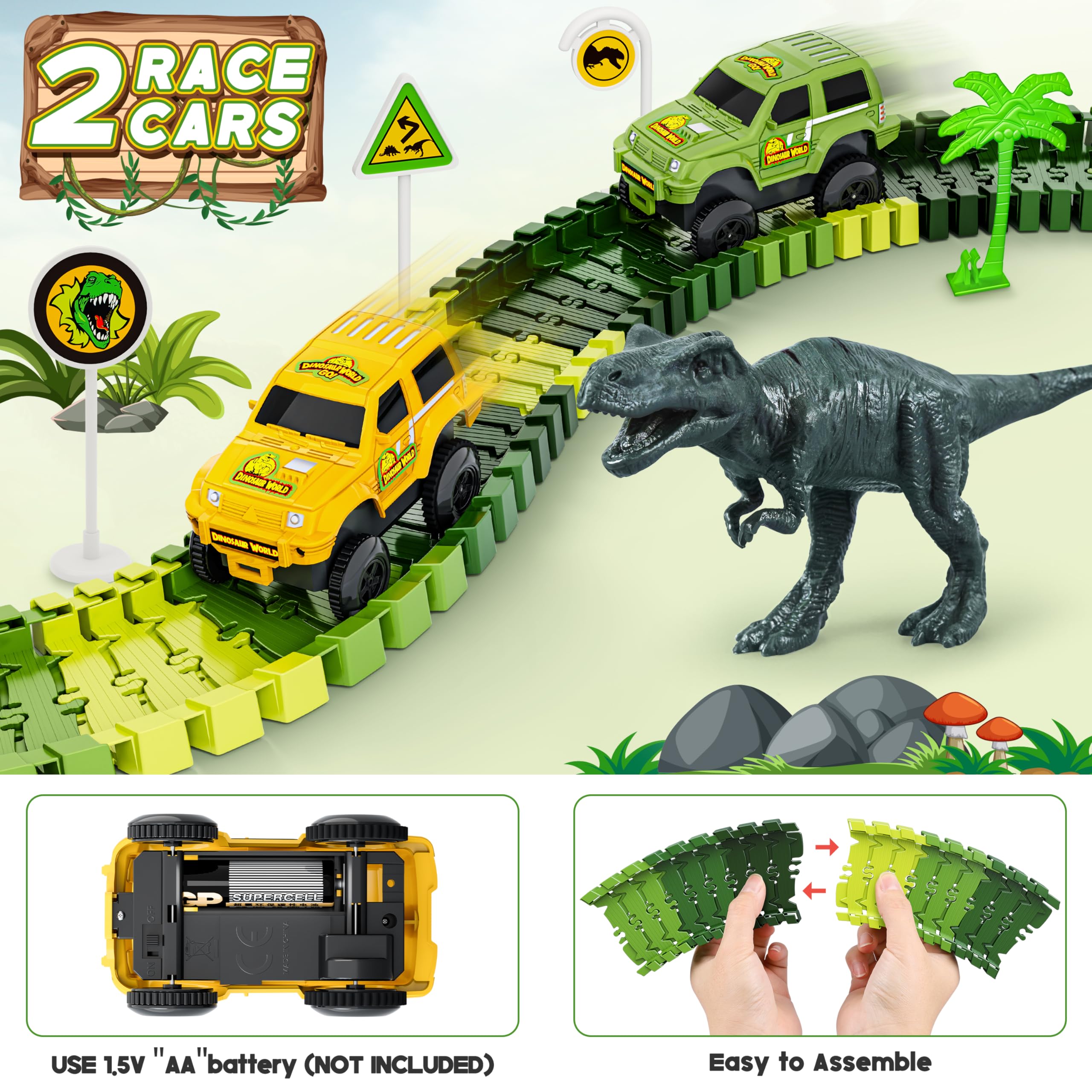 Hony Dinosaur Tracks two rack cars add speed and cooperative play