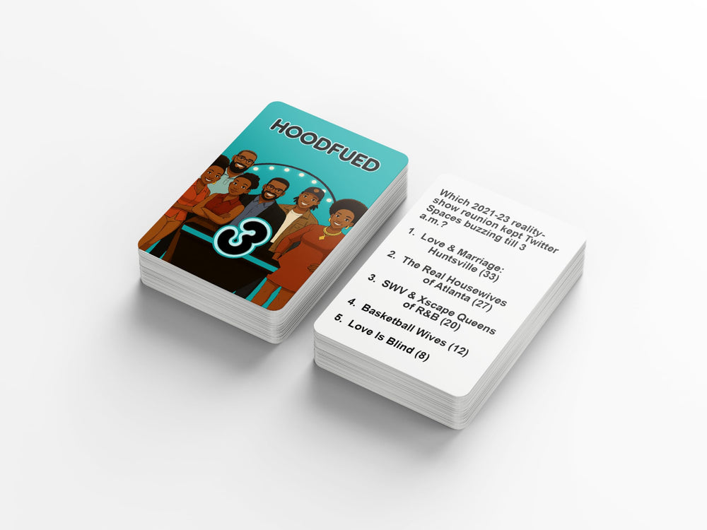 HoodFued 3 linen-finish cards closeup emphasizes durable, bold typography for quick reading.