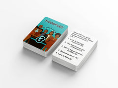 HoodFued 3 linen-finish cards closeup emphasizes durable, bold typography for quick reading.