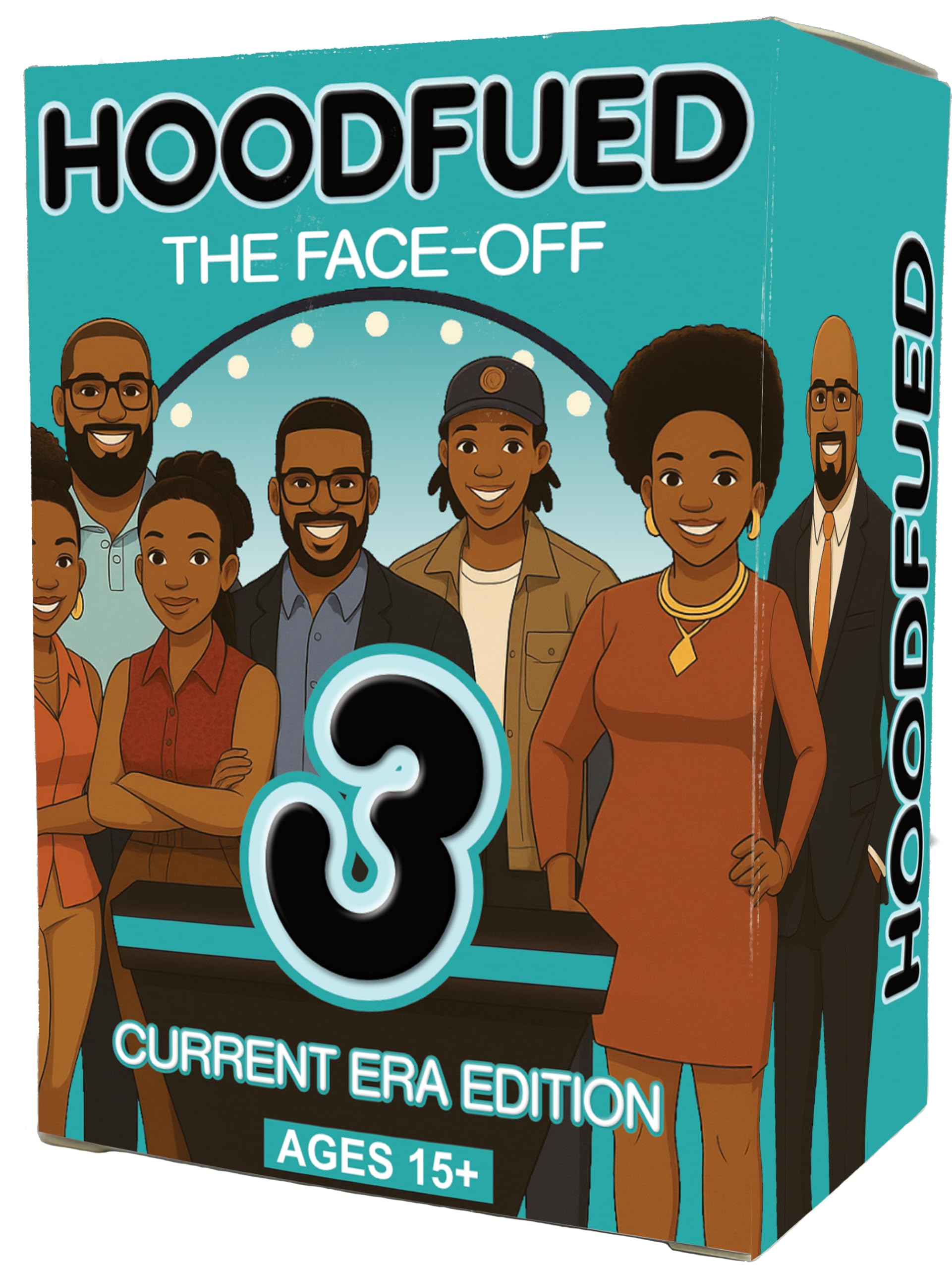 HoodFued 3 travel box closeup shows a portable party setup for on-the-go game nights.