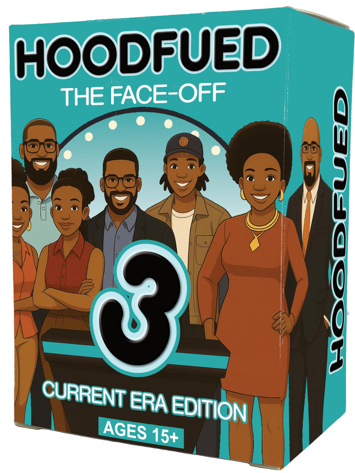HoodFued 3 travel box closeup shows a portable party setup for on-the-go game nights.