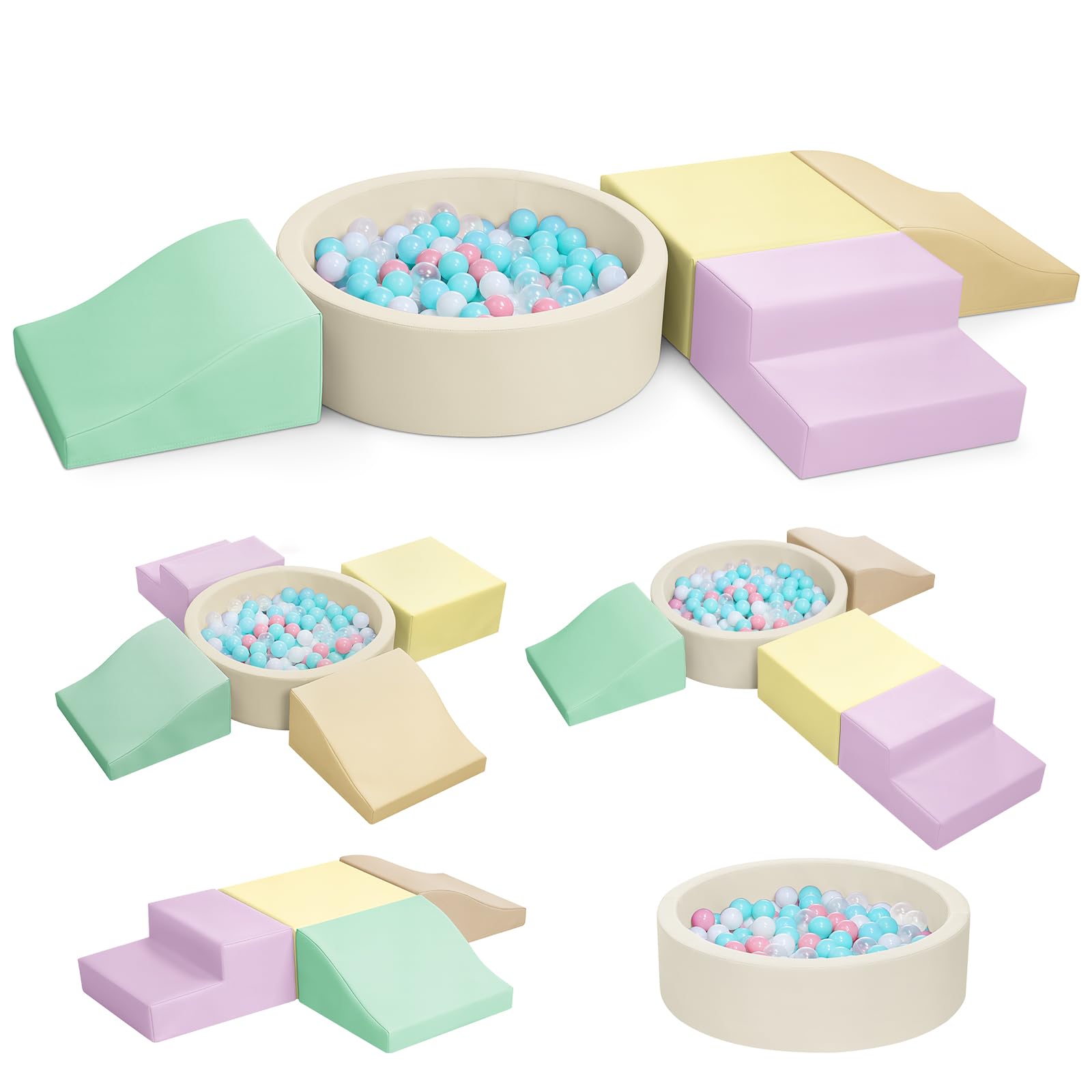 Hoohtoot foam climbing blocks with yellow ball pit, front view for safe indoor crawling play.