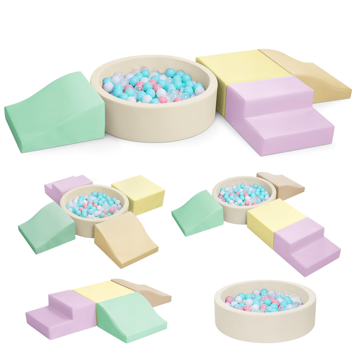 Hoohtoot foam climbing blocks with yellow ball pit, front view for safe indoor crawling play.