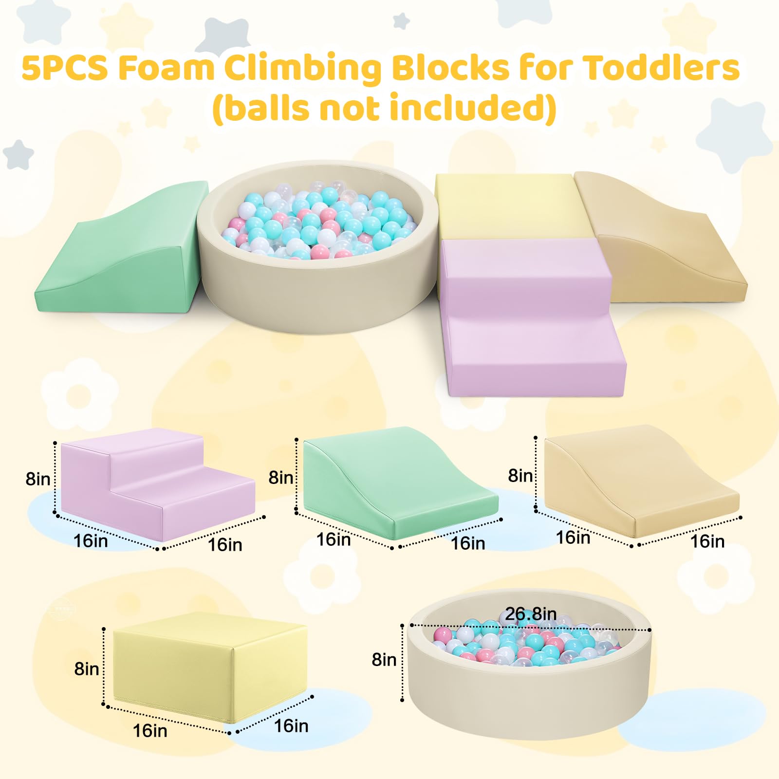 Hoohtoot foam climbing blocks yellow set, side view highlighting PU leather surface and resilience.