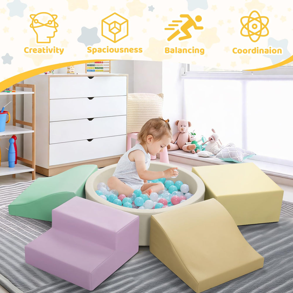 Hoohtoot toddler playtime with foam blocks, gentle incline ramps encourage climbing.