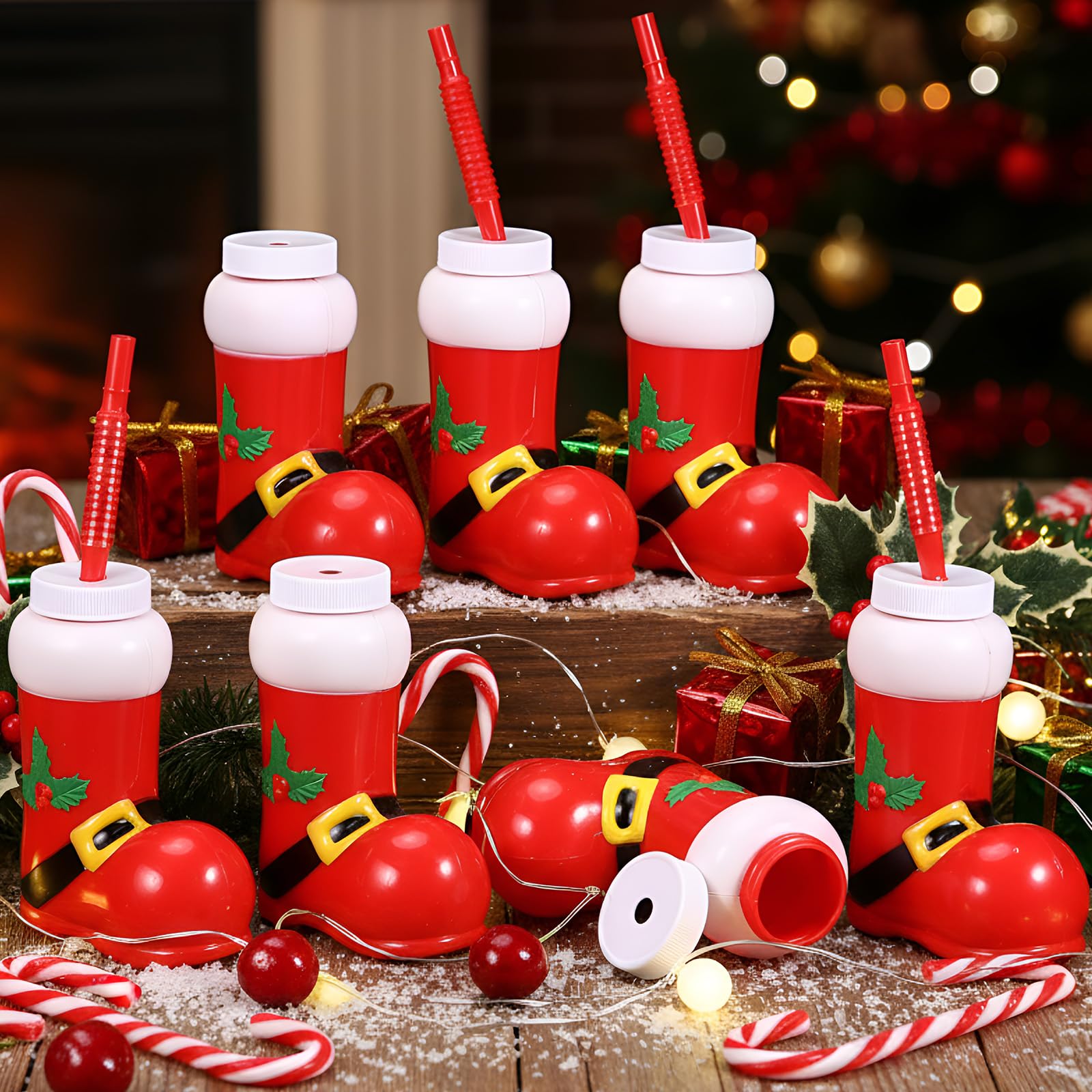 Hoolerry Santa boot cups with lids and straws for festive, spill-resistant sipping.
