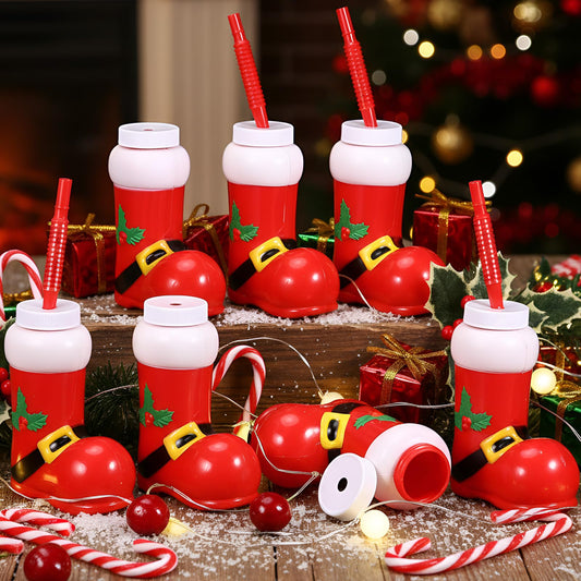 Hoolerry Santa boot cups with lids and straws for festive, spill-resistant sipping.