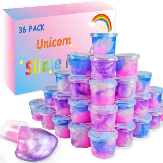 HOOLYUK unicorn slime kit 36 packs displayed for kids' party favors