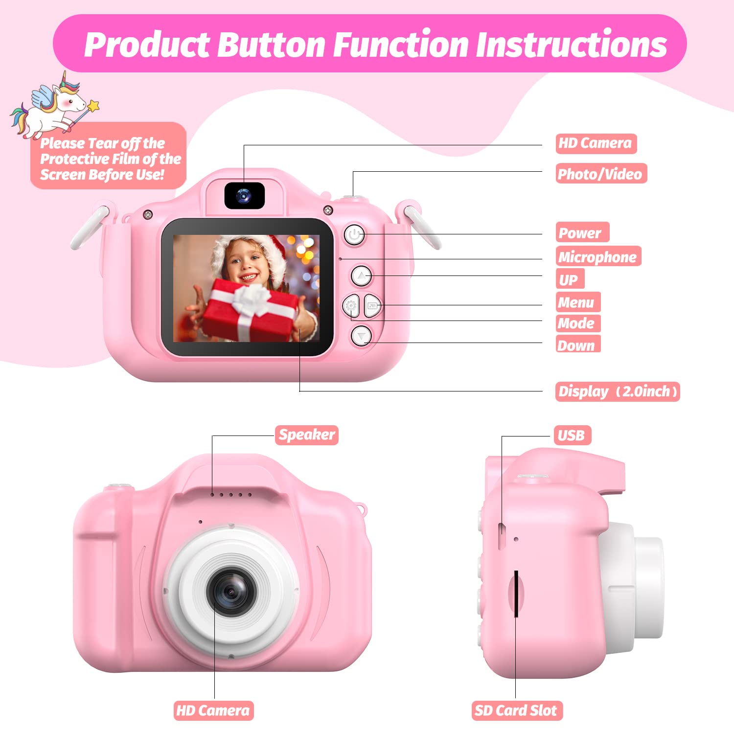 HOOMOON Unicorn Kids Camera hanging lanyard enables easy outdoor carrying.