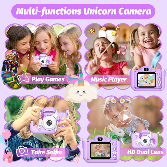 HOOMOON Upgrade Unicorn Kids Camera side shot, showcasing compact portable build