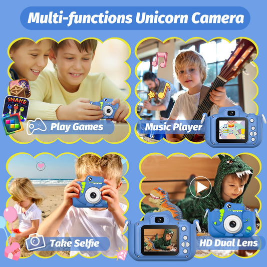 HOOMOON Dinosaur Kids Camera back view shows durable, kid-friendly casing