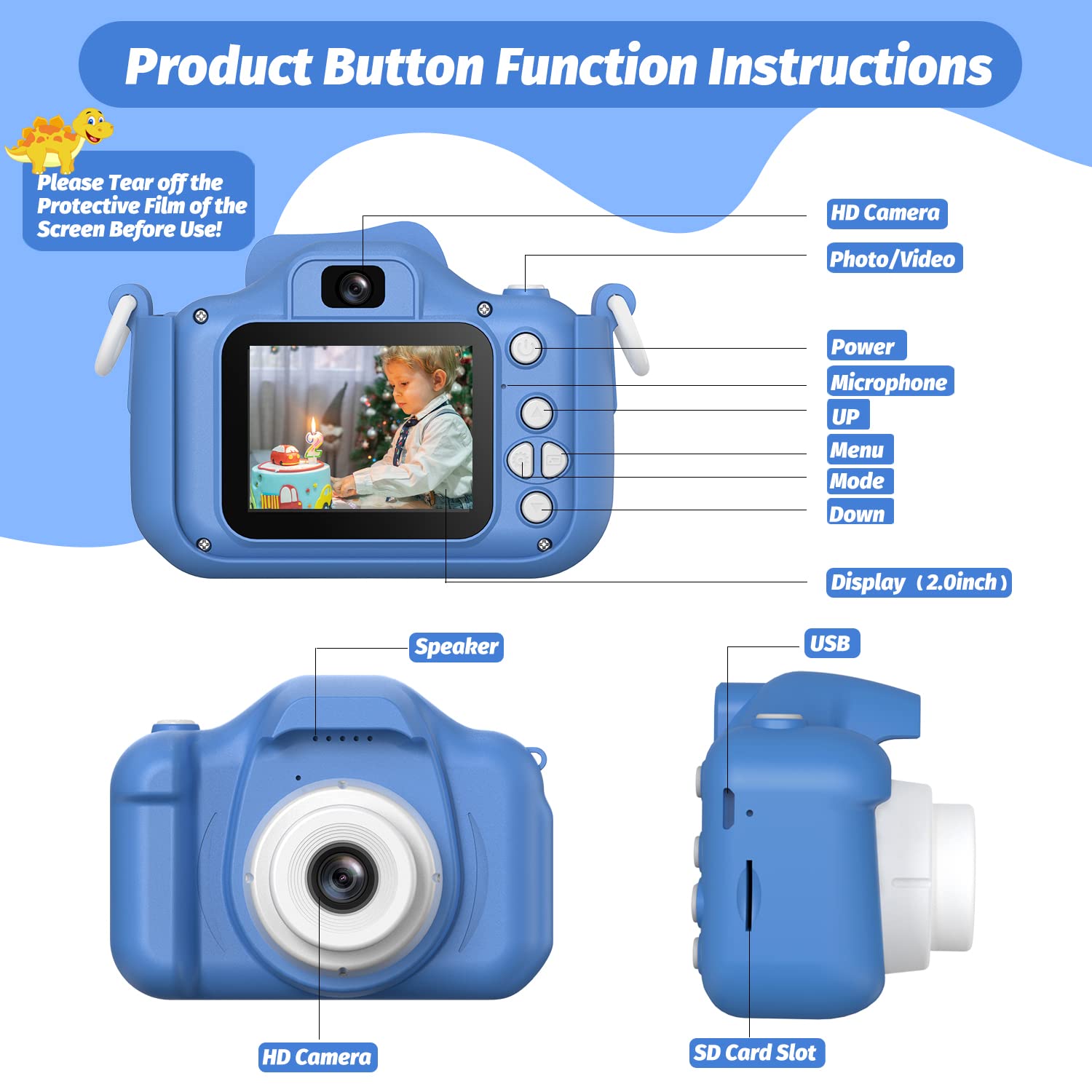 HOOMOON Dinosaur Kids Camera with lanyard enables portable outdoor adventures