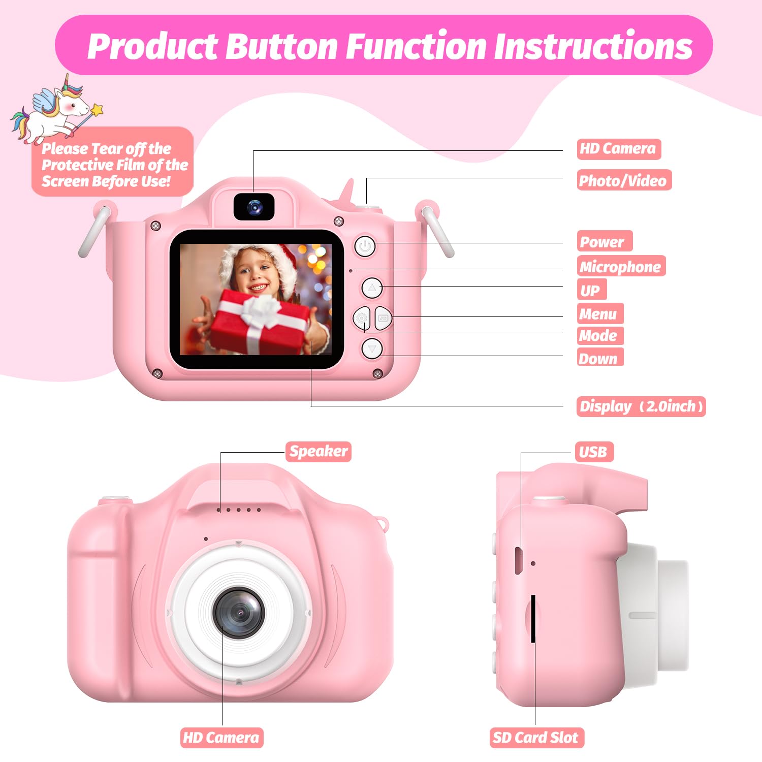 HOOMOON kids camera 32GB memory card stores thousands of photos.