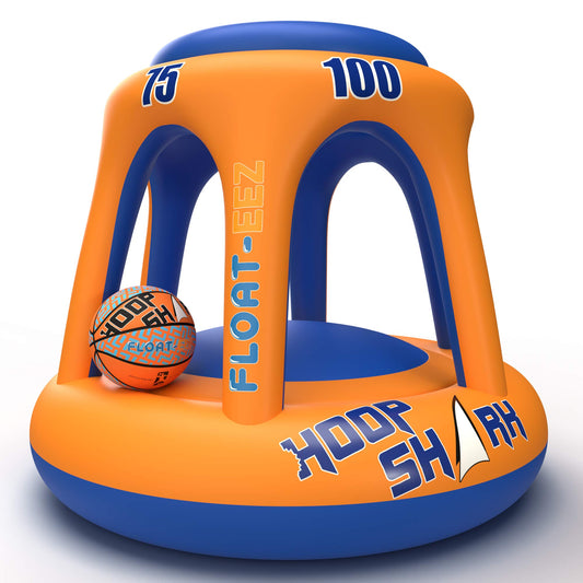 HOOP SHARK pool hoop orange and blue floating for family-friendly pool games.