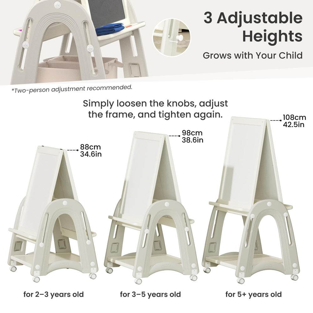 Hoopyosms art easel at adjustable height suitable for growing children.