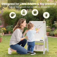 Hoopyosms art easel easily moved across rooms with smooth wheels.