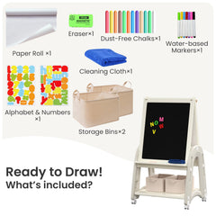 Hoopyosms easel storage bins keeping markers and supplies organized.