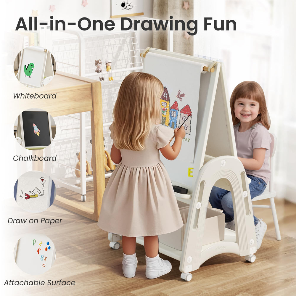 Hoopyosms art easel showing whiteboard and chalkboard surfaces for mess-free creativity.