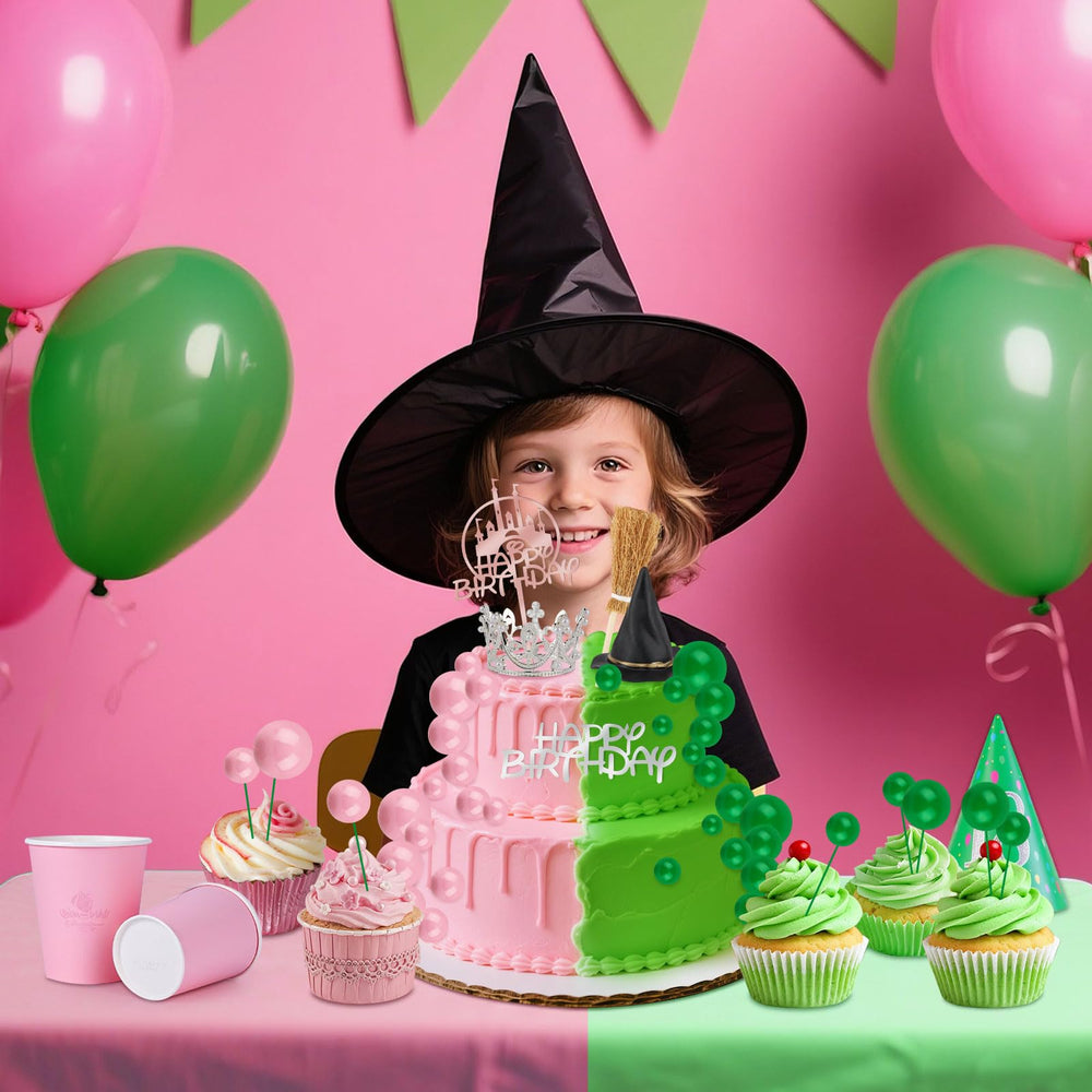 Hooqict pink-green witch broom cake topper adds playful Halloween flair