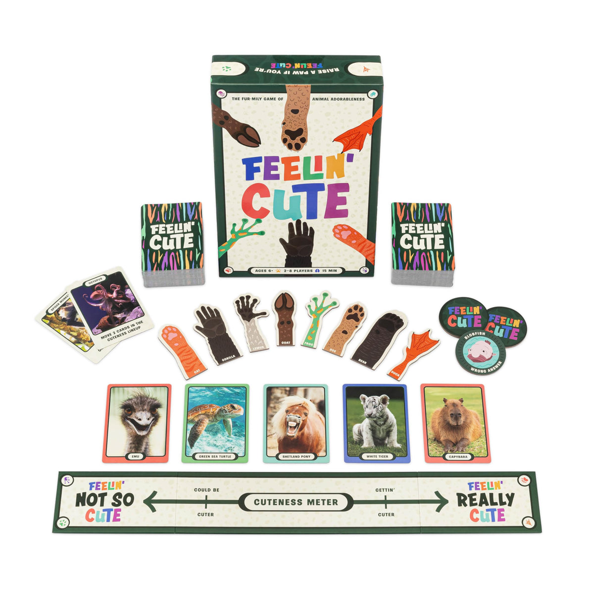 Hootenanny Games Feelin' Cute box front invites family game night.