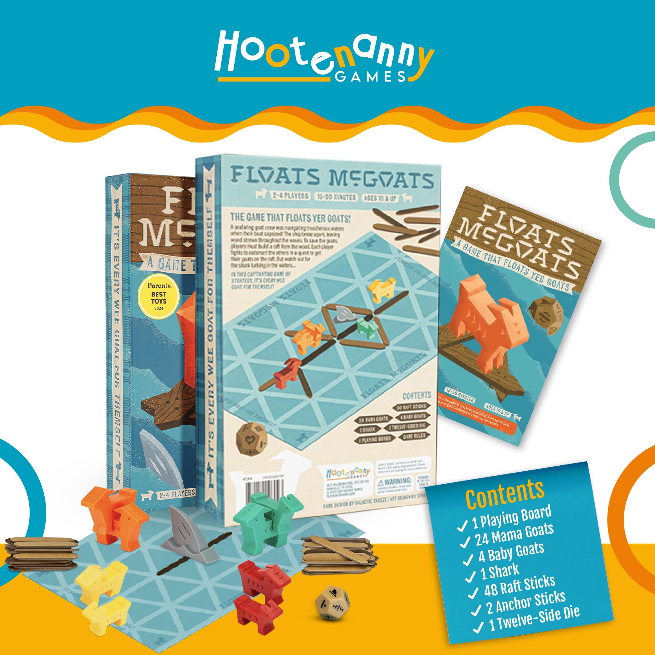 Hootenanny Games Floats McGoats family-night scene emphasizes quick setup and shared laughs.