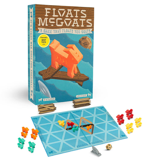 Hootenanny Games Floats McGoats raft construction scene, showcasing cooperative building for family fun.