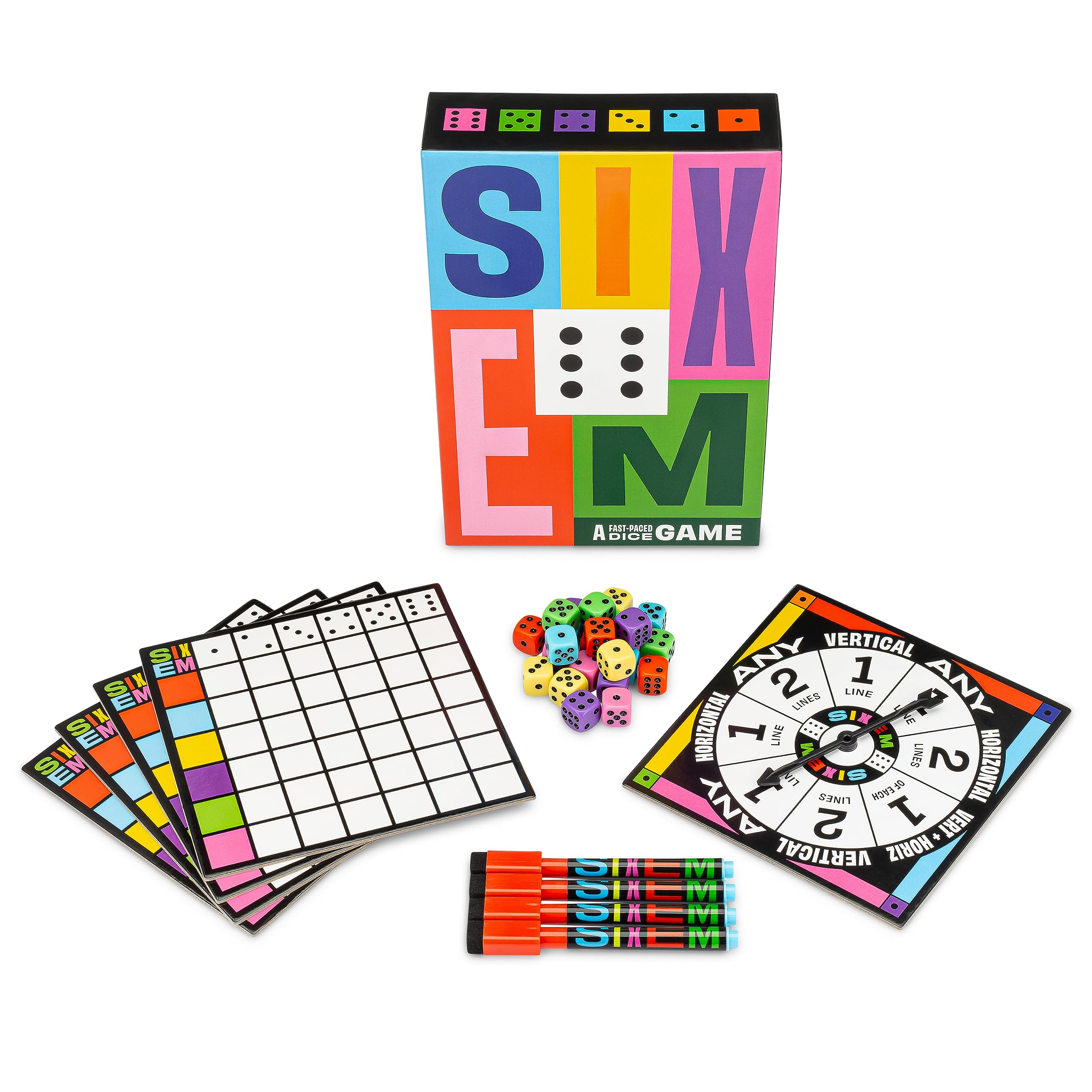 Sixem dice pieces spread out, ready for quick rounds and strategic play.